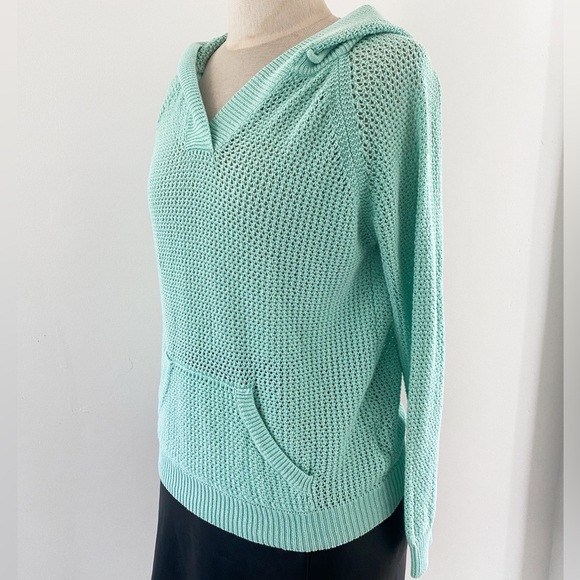 Turquoise Open-Knit Crochet Hoodie by Shirt 469, Size Medium, Linen Cotton Blend - Picture 8 of 11